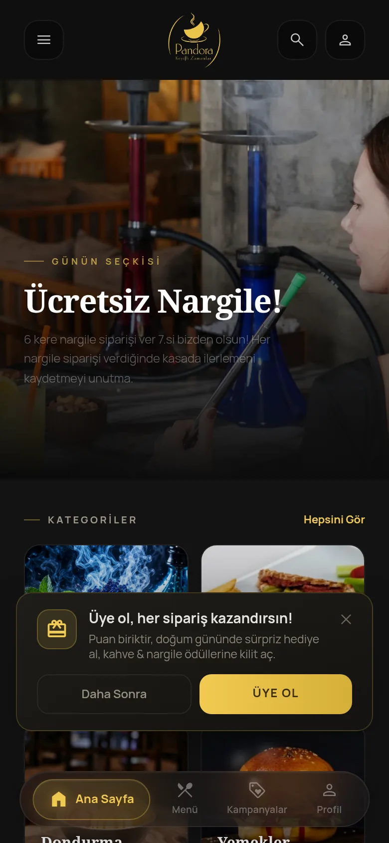 Pandora Cafe QR menü ekranı