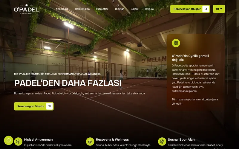 O’Padel web sitesi ana sayfası